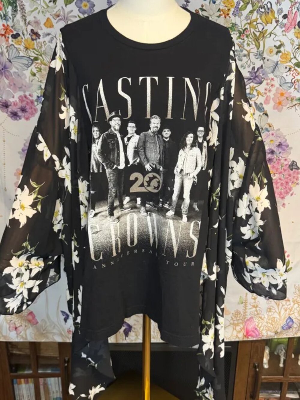 Casting Crowns Upcycled Graphic T-Shirt with Flowy Floral Printed Sleeves - OSFM